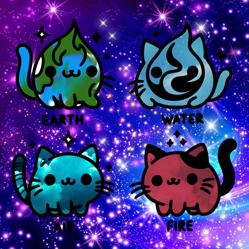 4 cats that represent the different elements, earth, water, air, and fire