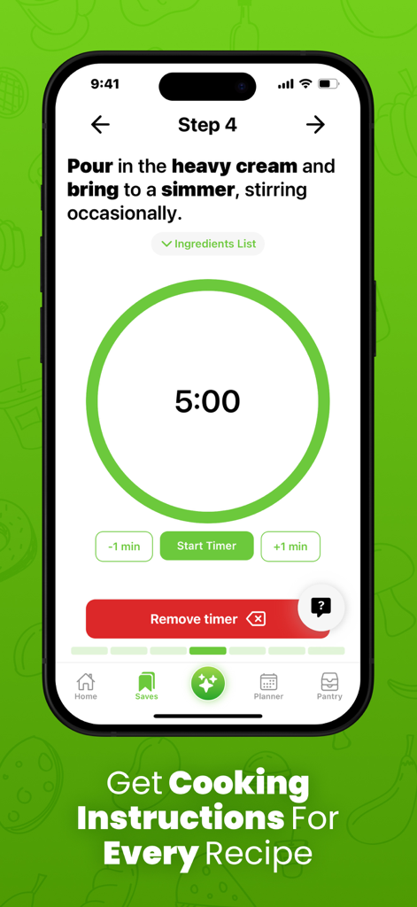 Pantalla de la aplicación Cookpanion que muestra instrucciones de cocina paso a paso con un temporizador de cuenta atrás de cinco minutos integrado.