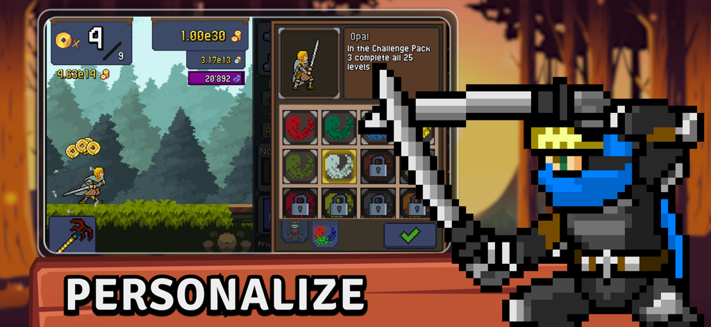Tap Ninja - Idle Game - Pixel art ninja customization menu showing different armor colors and a ninja character with a katana.