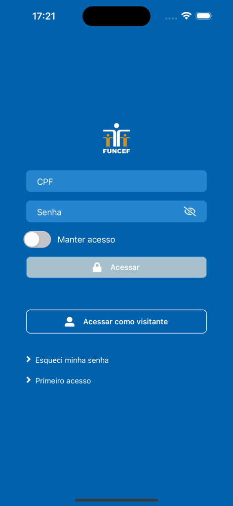 Login screen of the FUNCEF mobile app for pension management