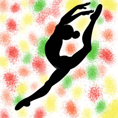 gymnast doing a leap in a leotard with a bent back leg