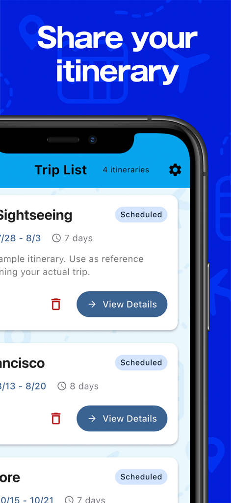Trip Planner · Share Itinerary - A mobile phone displaying a list of travel itineraries in the Trip Planner app.