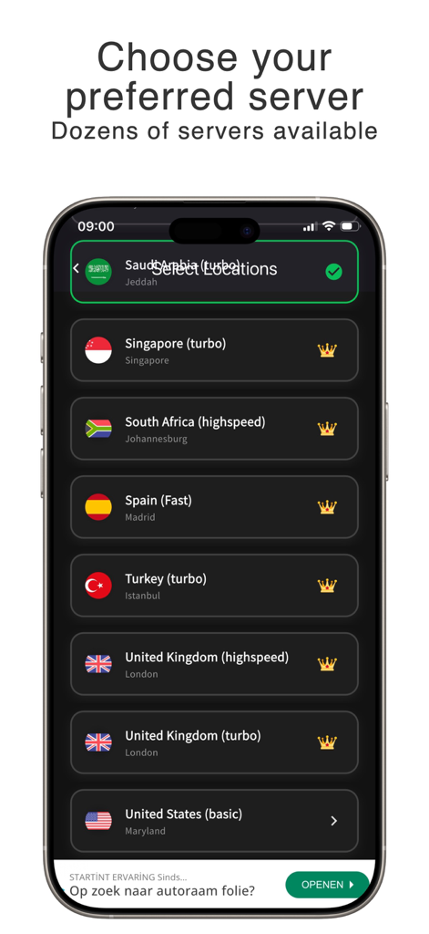 Keepm Secure - Interfaz de la aplicación móvil Keepm Secure VPN mostrando una lista de ubicaciones de servidores VPN globales con etiquetas de velocidad como turbo y alta velocidad