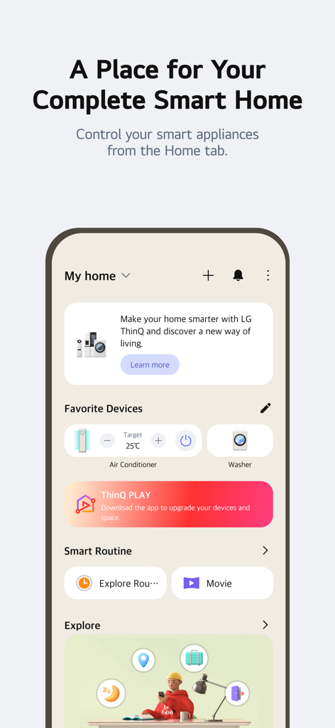 LG ThinQ 앱 홈 인터페이스로 스마트 에어컨 및 세탁기 제어를 보여줍니다.