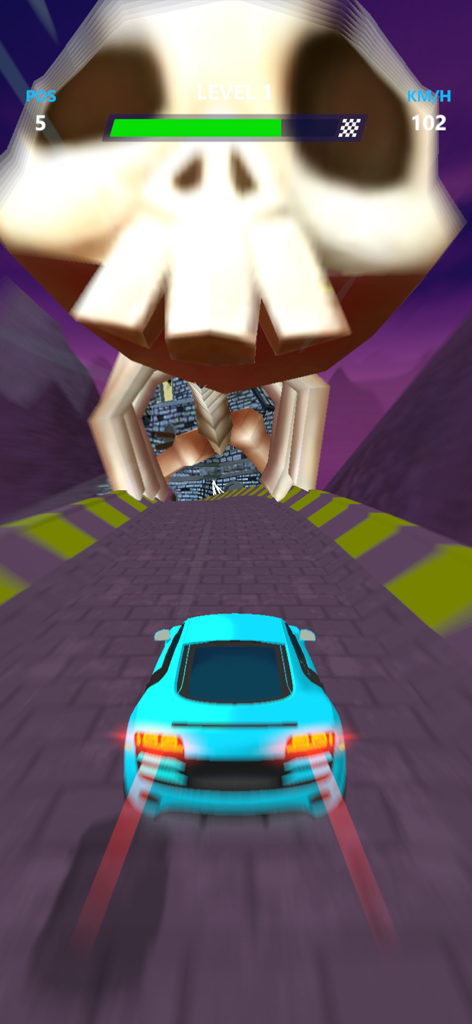 Car Racing: Master Race 3D - A light blue sports car racing on a purple track towards a giant skeletal skull obstacle in Car Racing Master Race 3D.