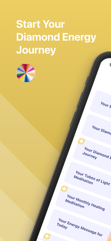 Marie Diamond App-Oberfläche, die die Energie-Reise und Meditationsfunktionen zeigt