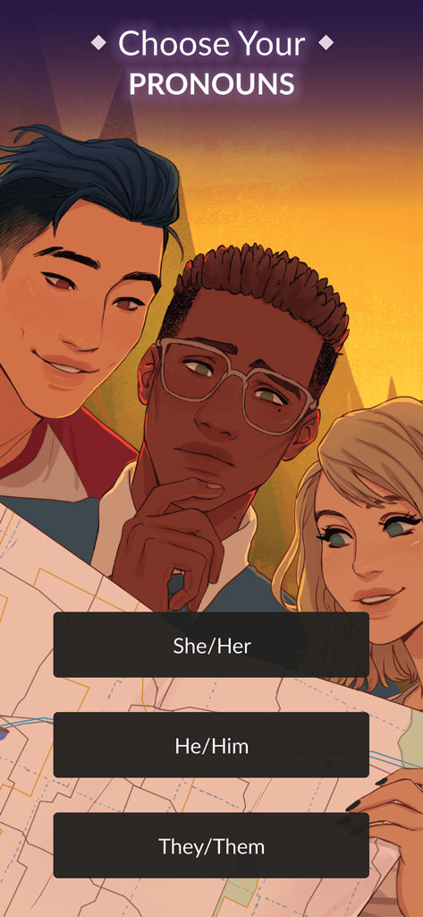 Fictif: Interactive Romance - Screenshot of Fictif app showing pronoun selection screen with She Her He Him and They Them options