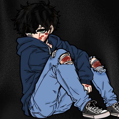 a male hoddie ripped jeans messy hair anime