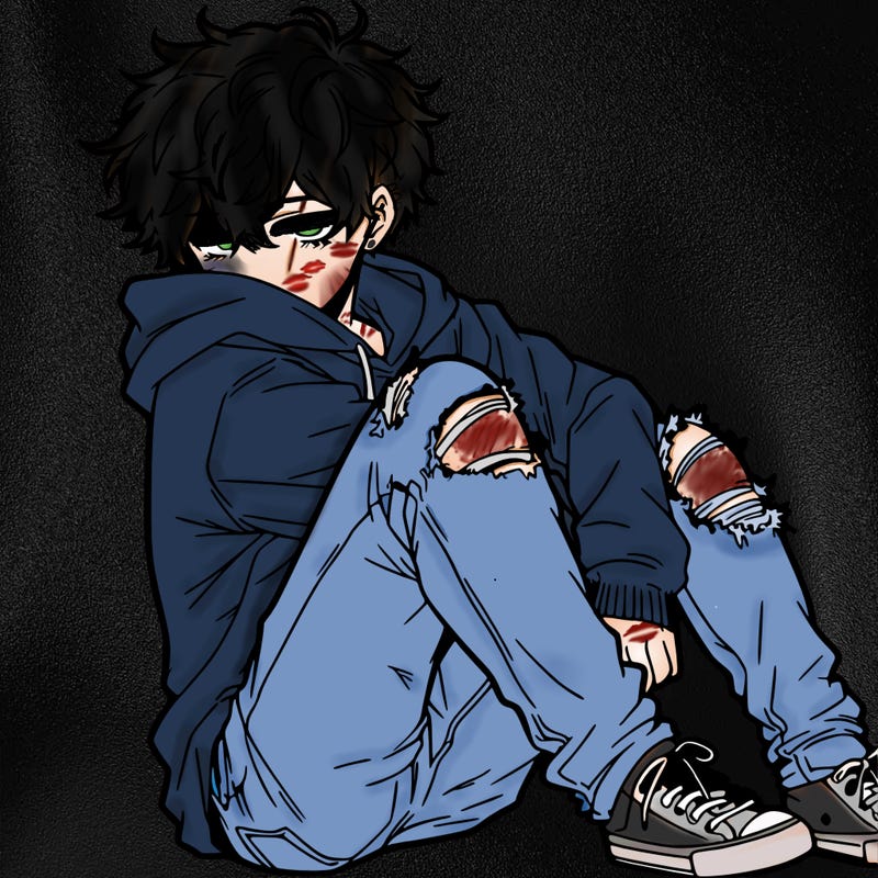 a male hoddie ripped jeans messy hair anime