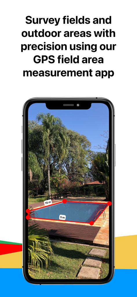 AR field area measurement app showing pool dimensions on a smartphone