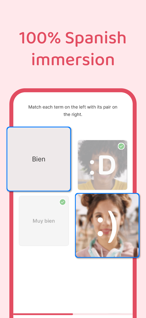 A matching exercise in the Palteca app with the heading 100 percent Spanish immersion.