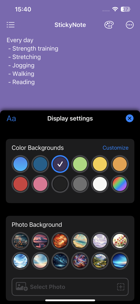 Sticky Note Widget - Cute Memo - Display settings screen showing background color and photo options for personalizing a sticky note memo