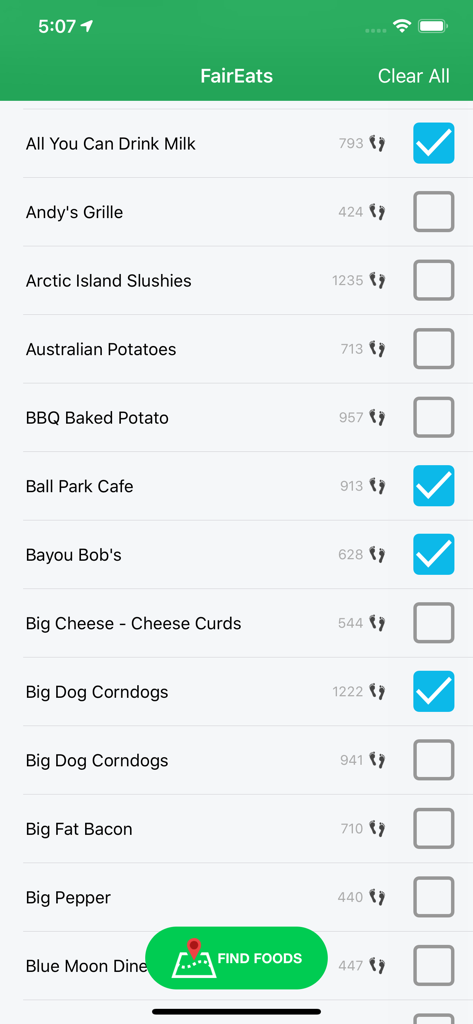 A list of food vendors in the FairEats app with distances in steps and selection checkboxes.