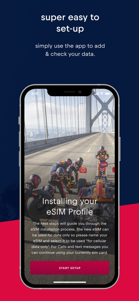 Red Bull MOBILE Data: eSIM - Screenshot of the Red Bull MOBILE Data app showing the easy eSIM profile installation process with a racing pit crew background.