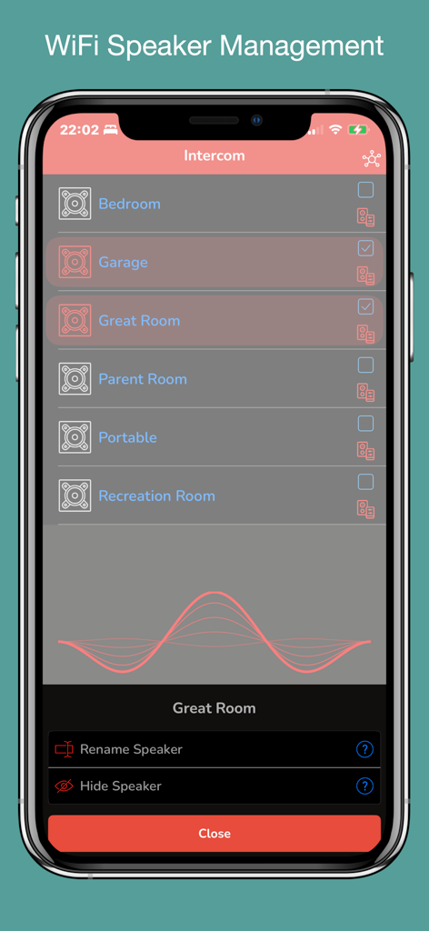 SonosTalk app interface showing WiFi speaker management and intercom room selection for multi-room audio broadcasting.