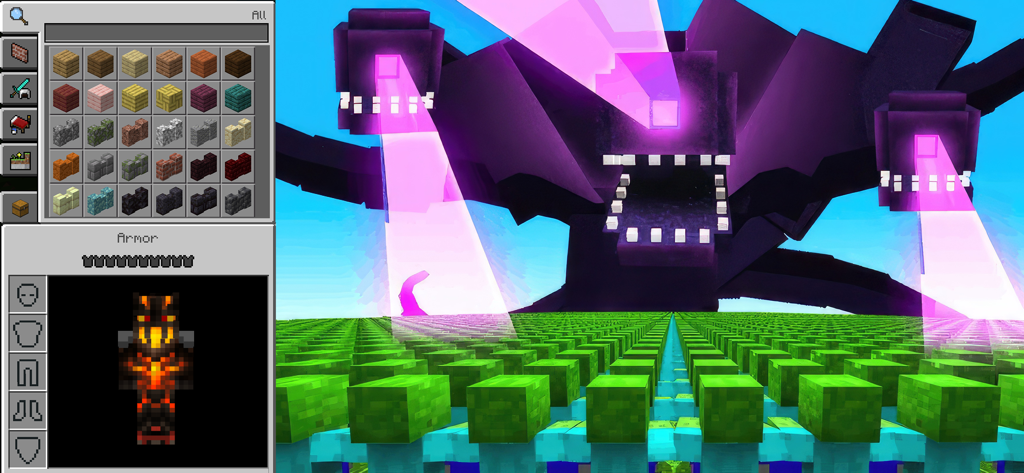 Giant purple monster boss shooting lasers in Minecraft with an army of zombies