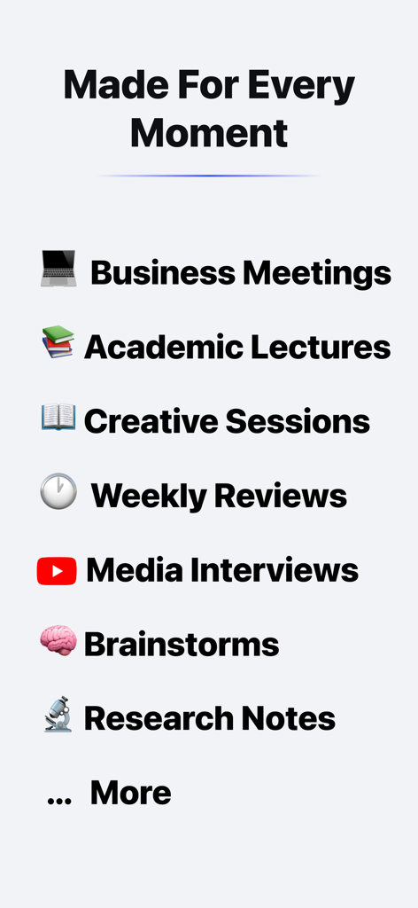 HiNoter - Al Note Taker - Una lista de casos de uso de la aplicación HiNoter que incluyen reuniones de negocios, conferencias académicas y notas de investigación