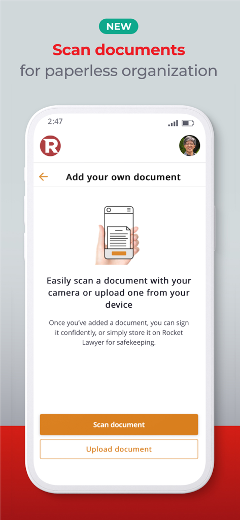 Interface of the Rocket Lawyer app showing the scan documents feature for paperless organization