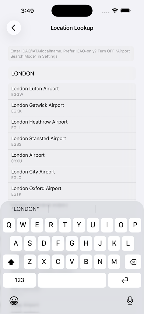 Flight Day/Night Calculator - A screenshot of the location lookup screen in the Flight Day Night Calculator app searching for airports in London