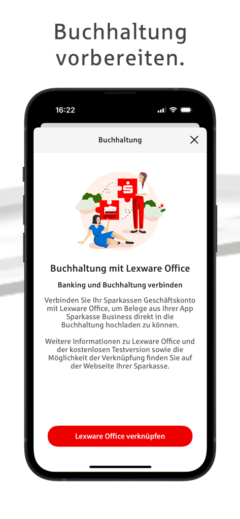 Sparkasse Business - A smartphone screen from the Sparkasse Business app promoting the integration of banking with Lexware Office accounting software.