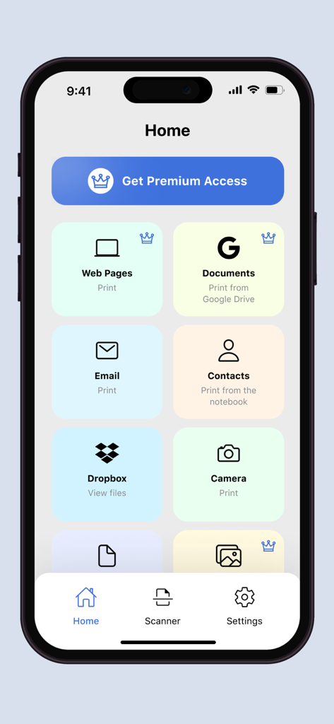 Home screen of the Printer App featuring print options for web pages email and cloud documents