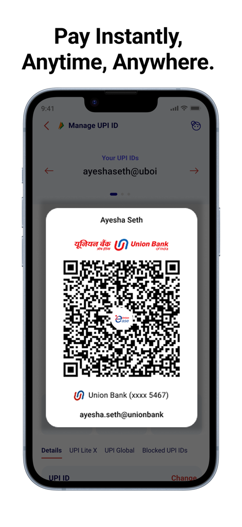 Vyom - A smartphone screen showing the Vyom app UPI QR code for instant payments