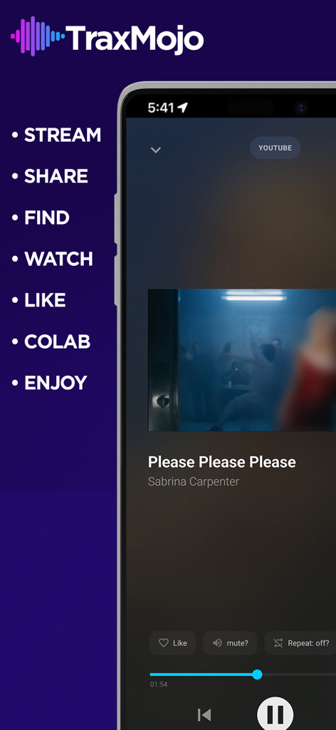 TraxMojo Music Streaming - Interfaz del reproductor de música TraxMojo mostrando controles de reproducción y funciones como compartir transmisión y colaborar