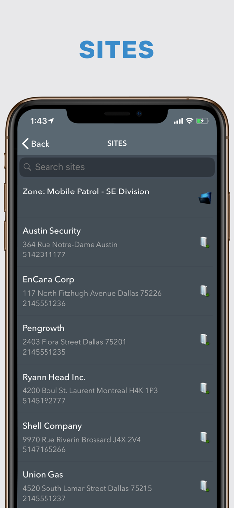 TrackTik Guard Tour - TrackTik Guard Tour mobile app interface displaying a list of security sites with names and addresses