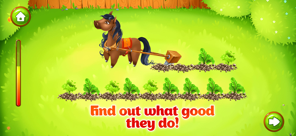 Animal Farm. Educational Games - A brown cartoon horse pulling a plow through a vegetable garden in a preschool educational game.