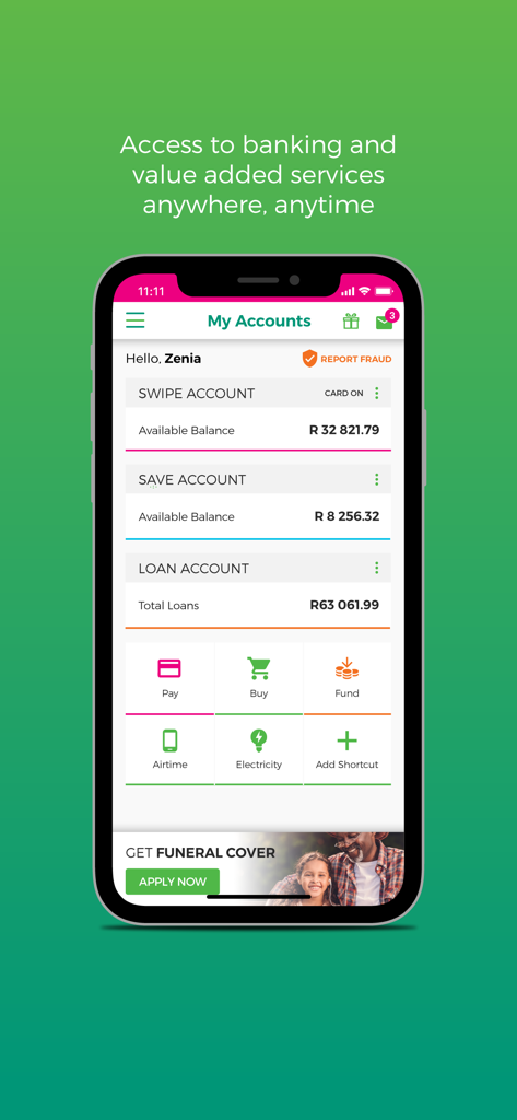 The OM Money Account app dashboard showing swipe and save account balances and quick links for utility payments