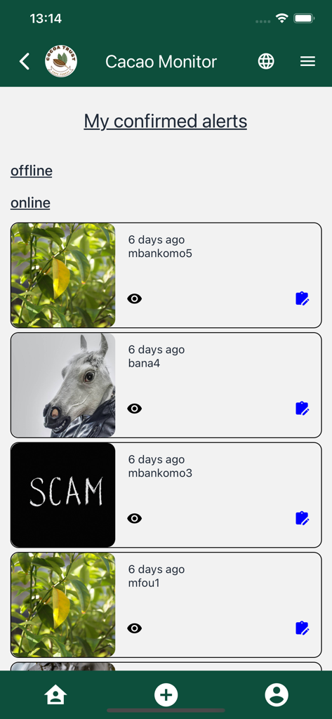 Cocoa Monitor - Captura de pantalla de la aplicación Cocoa Monitor mostrando una lista de alertas de deforestación confirmadas con fotos y detalles de reporte