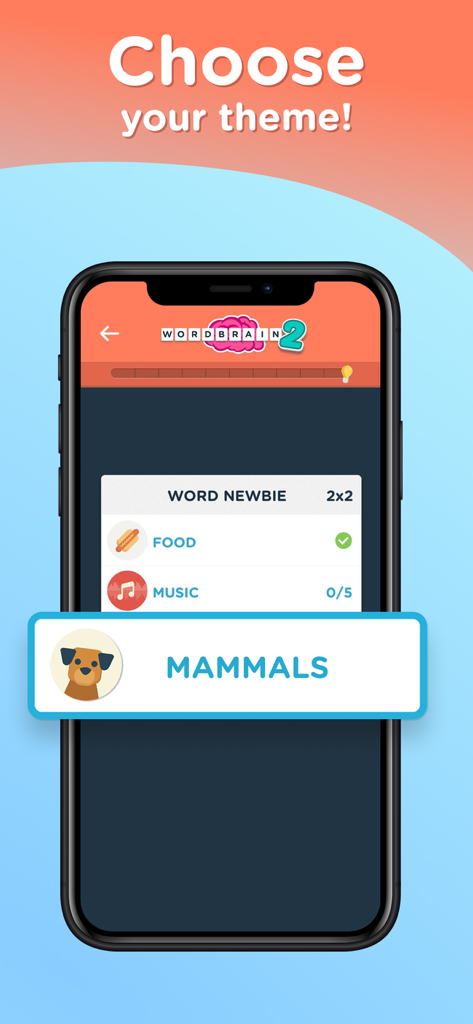 WordBrain 2: Fun word search! - Un smartphone affichant le menu de sélection de thème dans WordBrain 2 avec une catégorie Mammifères.