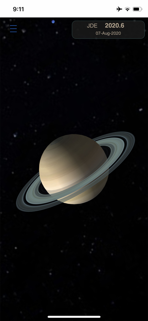 Planet Fun 앱의 별이 빛나는 배경을 뒤로하고 고리가 있는 토성의 3D 모델