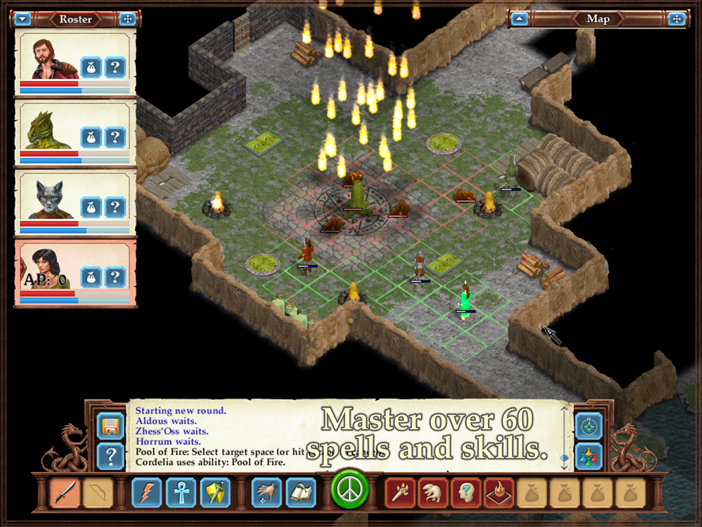 Isometric tactical turn-based combat in Avernum 3 showing spell effects and character roster UI.