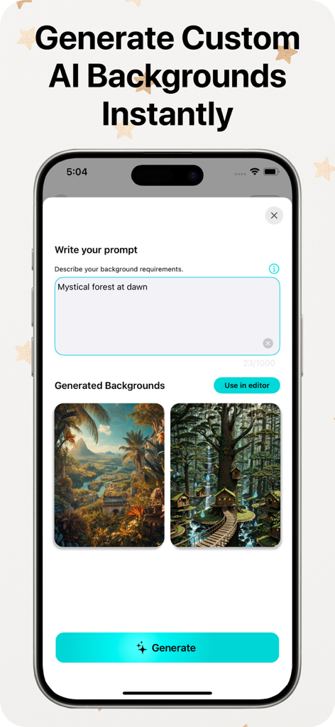 Video Background Changer - iPhone screen showing the AI custom background generation feature with a text prompt and generated landscape images.