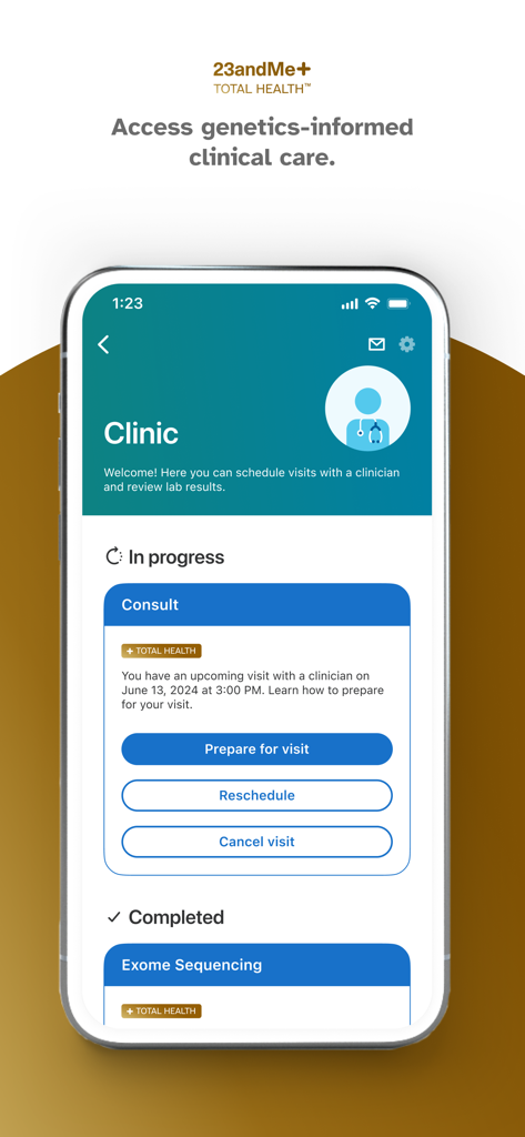 23andMe - DNA Testing - 23andMe mobile app screen showing the clinical care section and appointment scheduling for genetics-informed health services