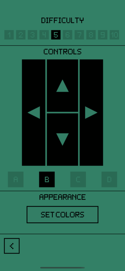 Snake Classic Retro Arcade - Settings screen for Snake Classic Retro Arcade showing difficulty levels and control pad options