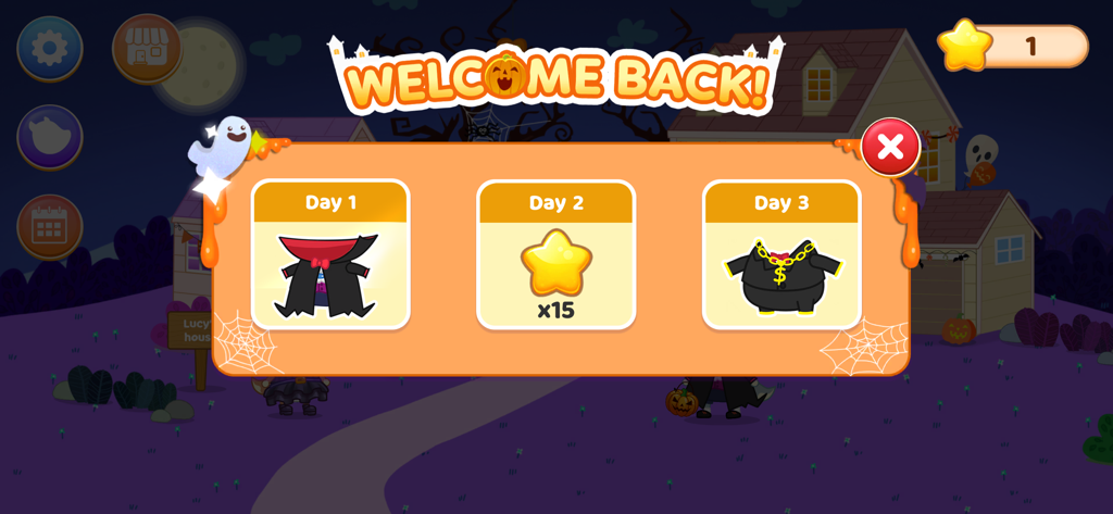 Wolfoo House Cleanup Life - Pantalla de recompensas diarias en Wolfoo House Cleanup con disfraces de Halloween y estrellas.