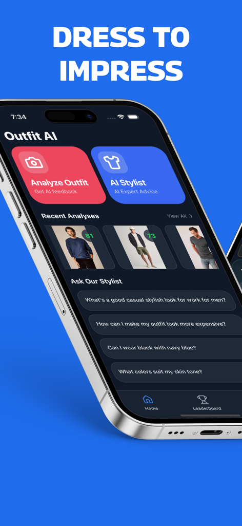 Outfit Planner: AI Outfit - Mobile App-Oberfläche von Outfit AI, die Outfit-Analyse-Scores und KI-Stylisten-Vorschläge für Männer anzeigt