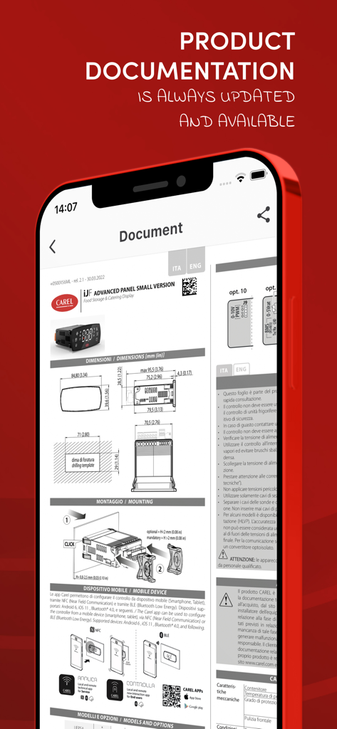 Carel Applica - Carel Applica app interface showing digital technical documentation and mounting instructions for an industrial controller
