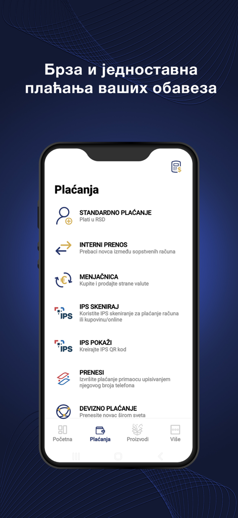 BPŠ mBank - BPS mBank mobile app payment screen showing various transaction options like currency exchange and IPS QR code payments.
