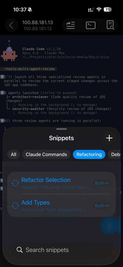 Claudette Mobile - Screenshot of Claudette Mobile app showing the prompt snippets drawer with refactoring options over a coding terminal.