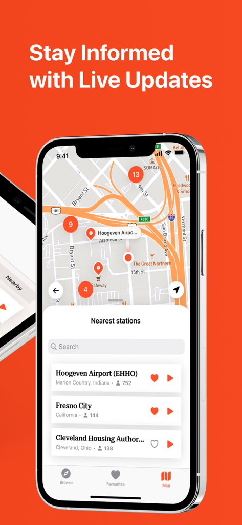 App interface showing a map with local fire station radio feeds and live updates