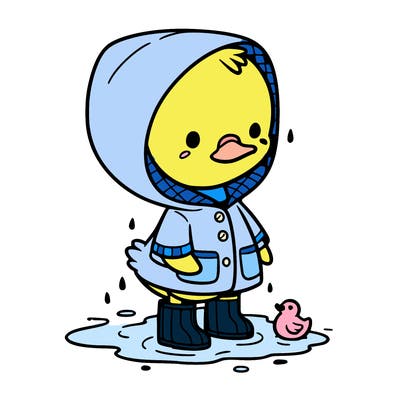 baby duck in a rain coat and boots, in a puddle while it’s raining