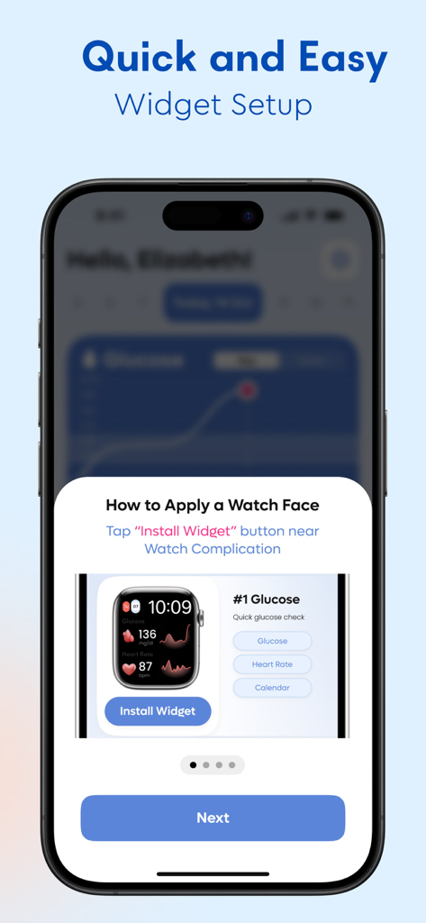 GluHealth app interface showing step-by-step instructions to install a glucose tracking widget on an Apple Watch face.