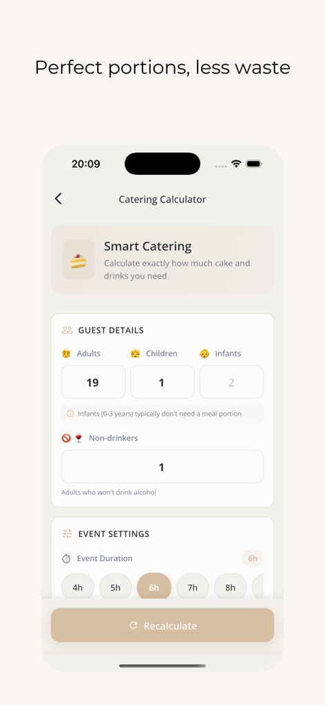 Catering calculator screen for estimating wedding food and drinks based on guest numbers and event time.