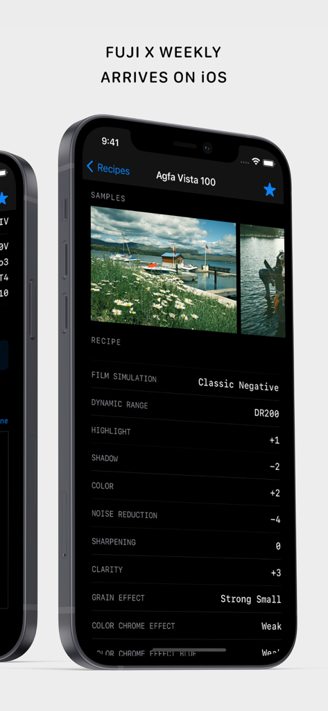 후지 X 주간 앱이 아그파 비스타 100용 필름 레시피 설정을 표시합니다.