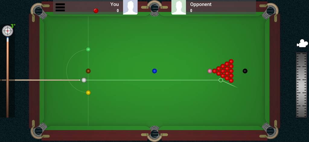 Vista de arriba hacia abajo de una mesa de billar con bolas rojas y de colores en Snooker Pro Online