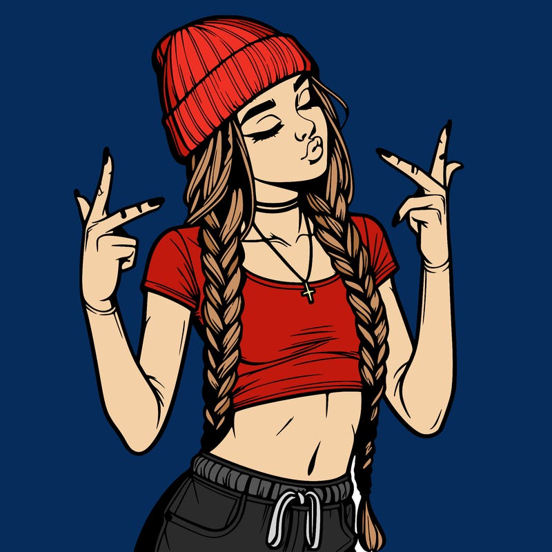 realistic teenage girl with braids and a beanie and crop top doing 🫶🏼