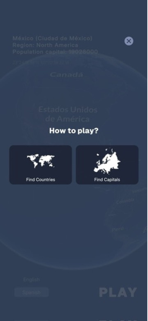 Tapmap - Tapmap app how to play screen with options to find countries and capitals